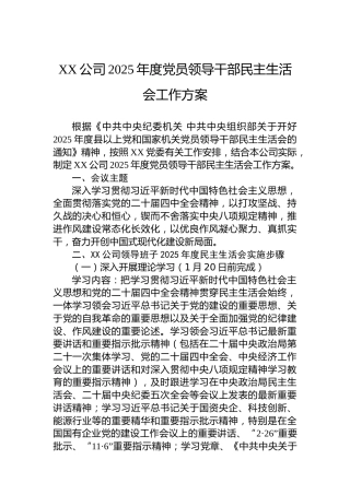 XX公司2025年度党员领导干部民主生活会工作方案