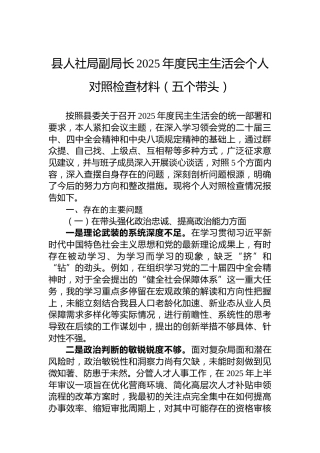 县人社局副局长2025年度民主生活会个人对照检查材料（五个带头）