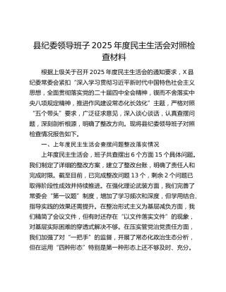 县纪委领导班子2025年度民主生活会对照检查材料