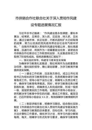 市供销合作社联合社关于深入贯彻作风建设专题进展情况汇报