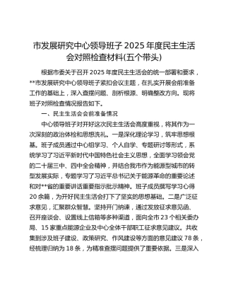 市发展研究中心领导班子2025年度民主生活会对照检查材料(五个带头)