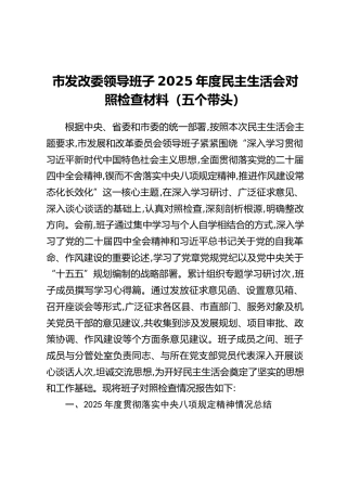 市发改委领导班子2025年度民主生活会对照检查材料（五个带头）