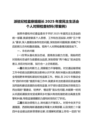 派驻纪检监察组组长2025年度民主生活会个人对照检查材料（带案例）