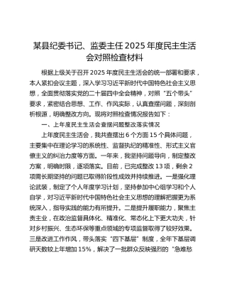 某县纪委书记、监委主任2025年度民主生活会对照检查材料（上年度查摆问题整改落实情况+五个带头+典型案例剖析）