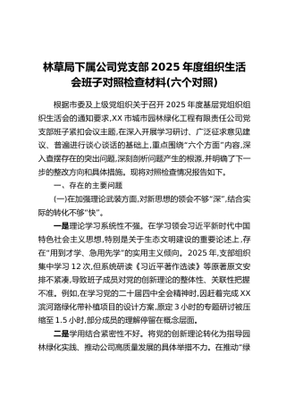 林草局下属公司党支部2025年度组织生活会班子对照检查材料（六个对照）