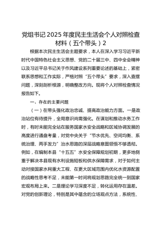党组书记2025年度民主生活会个人对照检查材料（五个带头）2