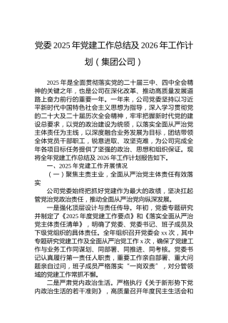 党委2025年党建工作总结及2026年工作计划（集团公司）