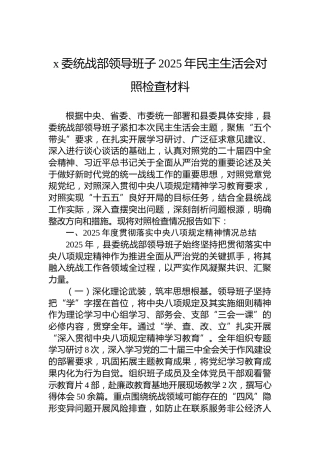 x委统战部领导班子2025年民主生活会对照检查材料