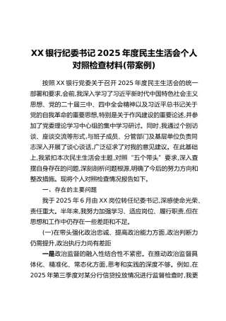 XX银行纪委书记2025年度民主生活会个人对照检查材料（带案例）