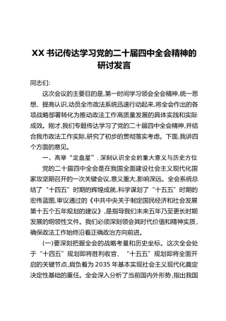 XX书记传达学习党的二十届四中全会精神的研讨发言