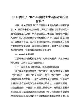 XX区委班子2025年度民主生活会对照检查材料2