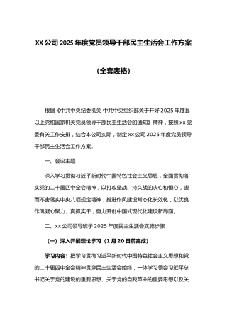 XX公司2025年度党员领导干部民主生活会工作方案（全套表格）