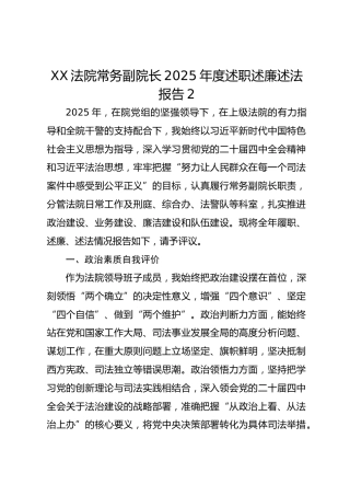 XX法院常务副院长2025年度述职述廉述法报告2