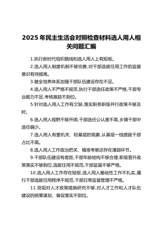 2025年民主生活会对照检查材料选人用人相关问题汇编