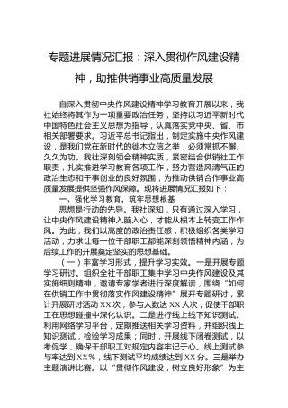 专题进展情况汇报：深入贯彻作风建设精神，助推供销事业高质量发展