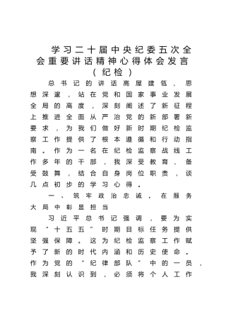 学习二十届中央纪委五次全会重要讲话精神心得体会发言（纪检）
