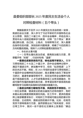 县委组织部部长2025年度民主生活会个人对照检查材料（五个带头）