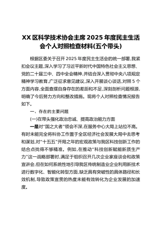 XX区科学技术协会主席2025年度民主生活会个人对照检查材料(五个带头)