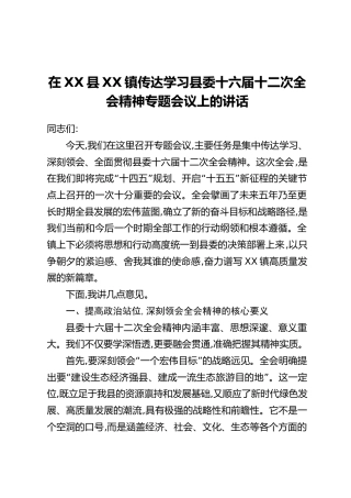 在XX县XX镇传达学习县委十六届十二次全会精神专题会议上的讲话
