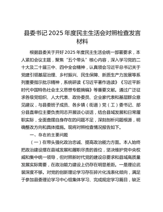 县委书记2025年度民主生活会对照检查发言材料（五个带头）