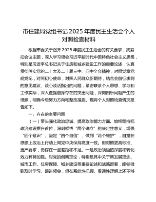 市住建局党组书记2025年度民主生活会个人对照检查材料（五个带头）