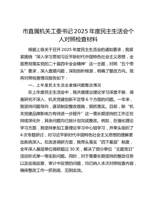 市直属机关工委书记2025年度民主生活会个人对照检查材料（上年度查摆问题整改情况+五个带头）