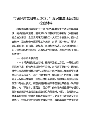 市医保局党组书记2025年度民主生活会对照检查材料（五个带头）