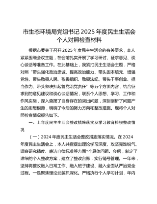 市生态环境局党组书记2025年度民主生活会个人对照检查材料（上年度整改措施落实及八项规定精神学习教育检视整改情况+五个带头）