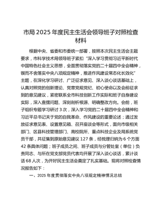 市局2025年度民主生活会领导班子对照检查材料（贯彻落实中央八项规定精神情况总结+五个带头+典型案例剖）