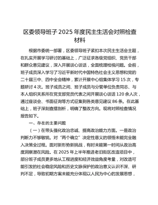 区委领导班子2025年度民主生活会对照检查材料（五个带头+典型案例剖析）