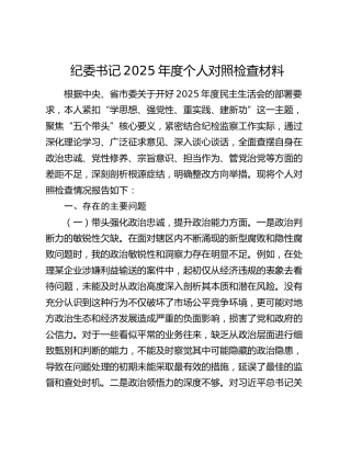 纪委书记2025年度个人对照检查材料（五个带头）