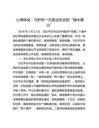 心得体会：守护好一方政治生态的“绿水青山”