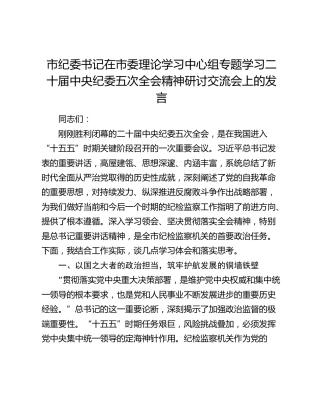 市纪委书记在市委理论学习中心组专题学习二十届中央纪委五次全会精神研讨交流会上的发言
