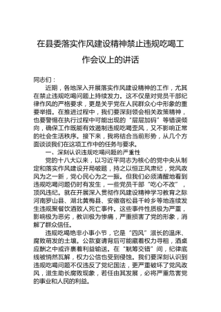 在县委落实作风建设精神禁止违规吃喝工作会议上的讲话