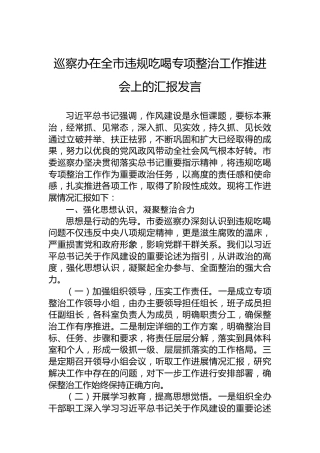 巡察办在全市违规吃喝专项整治工作推进会上的汇报发言