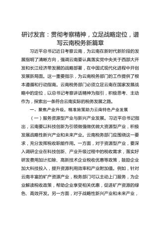 研讨发言：贯彻考察精神，立足战略定位，谱写云南税务新篇章