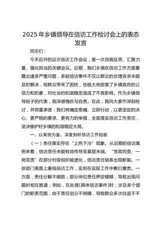 2025年乡镇领导在信访工作检讨会上的表态发言