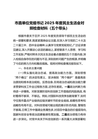市直单位党组书记2025年度民主生活会对照检查材料（五个带头）