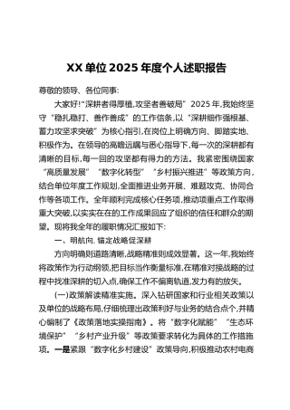 XX单位2025年度个人述职报告