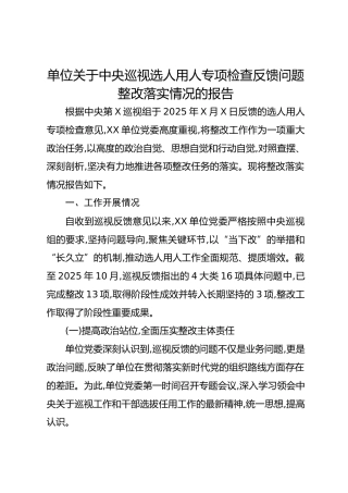 单位关于中央巡视选人用人专项检查反馈问题整改落实情况的报告