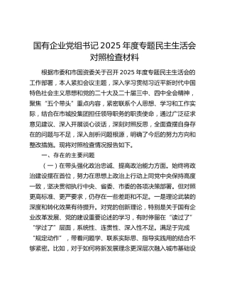 国有企业党组书记2025年度专题民主生活会对照检查材料（五个带头）