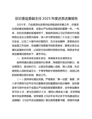 区纪委监委副主任2025年度述责述廉报告