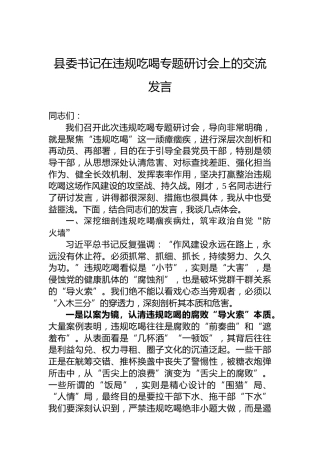 县委书记在违规吃喝专题研讨会上的交流发言