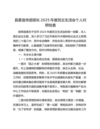县委宣传部部长2025年度民主生活会个人对照检查