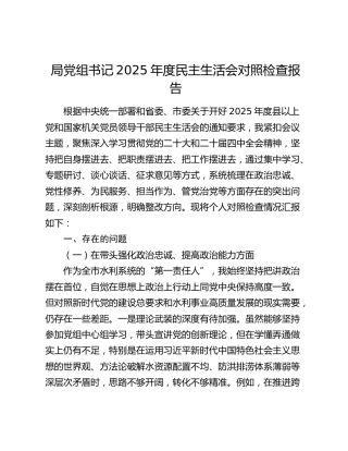 水利系统党组书记2025年度民主生活会对照检查