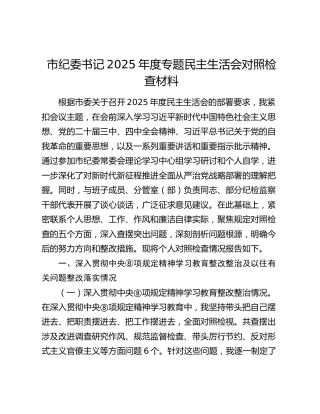 市纪委书记2025年度民主生活会对照检查（含学习教育整改、上年度问题整改情况）