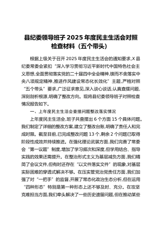 县纪委领导班子2025年度民主生活会对照检查材料（五个带头）