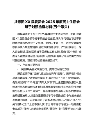 共青团XX县委员会2025年度民主生活会班子对照检查材料(五个带头)