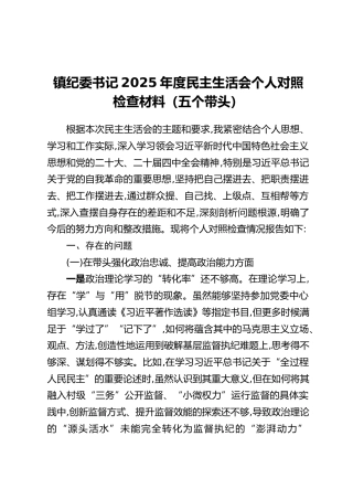 XX镇纪委书记2025年度民主生活会个人对照检查材料（五个带头）