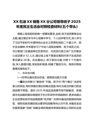 XX石油XX销售XX分公司领导班子2025年度民主生活会对照检查材料（五个带头）